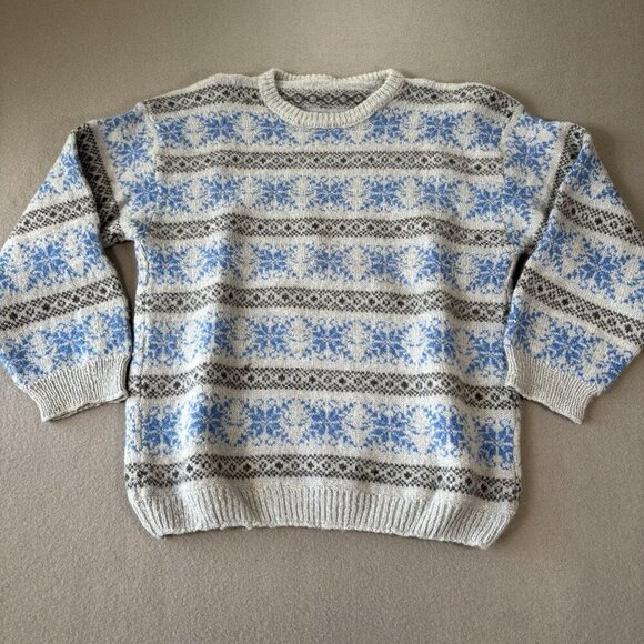 Handmade Knit VTG Fair Isle Wool Blend Nordic Ski Sweater Grey Blue S/M Outdoors - Picture 1 of 12